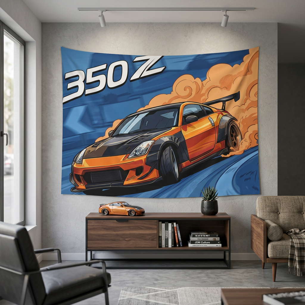 Nissan 350Z Drift Tyre Smoke Orange Pop Art Car Wall Art Tapestry