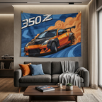 Nissan 350Z Drift Tyre Smoke Orange Pop Art Car Wall Art Tapestry