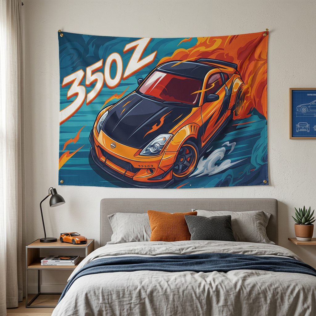 Nissan 350Z Orange Widebody Aerial View Bold Graphic Car Wall Art Tapestry