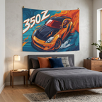 Nissan 350Z Orange Widebody Aerial View Bold Graphic Car Wall Art Tapestry