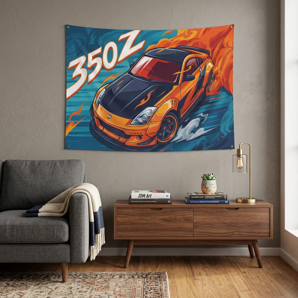 Nissan 350Z Orange Widebody Aerial View Bold Graphic Car Wall Art Tapestry