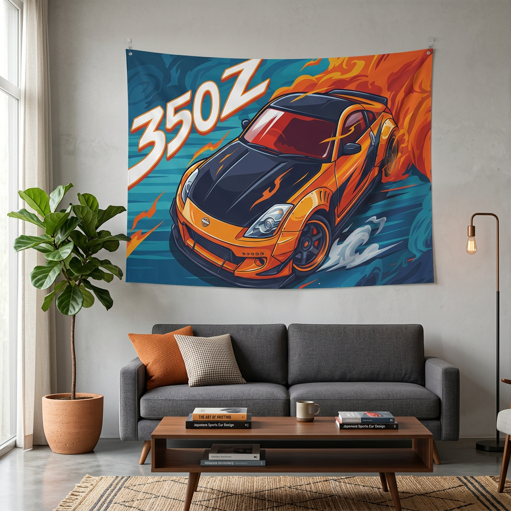 Nissan 350Z Orange Widebody Aerial View Bold Graphic Car Wall Art Tapestry