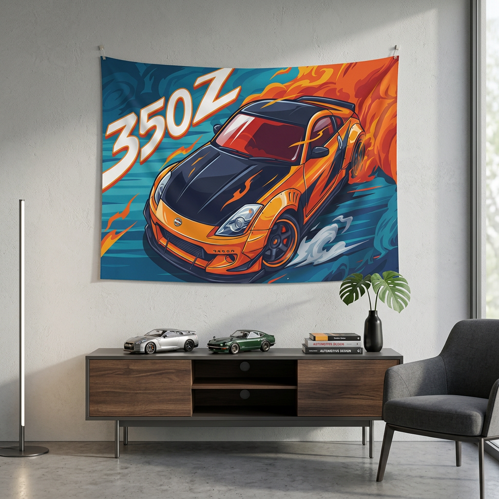 Nissan 350Z Orange Widebody Aerial View Bold Graphic Car Wall Art Tapestry