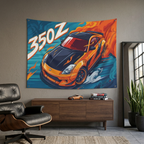 Nissan 350Z Orange Widebody Aerial View Bold Graphic Car Wall Art Tapestry