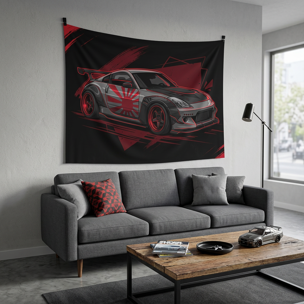 Nissan 350Z Rising Sun Widebody Black and Red Graphic Car Wall Art Tapestry