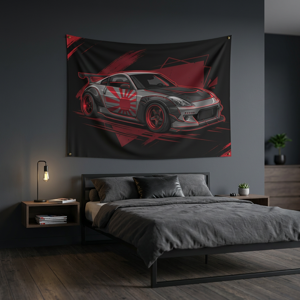 Nissan 350Z Rising Sun Widebody Black and Red Graphic Car Wall Art Tapestry