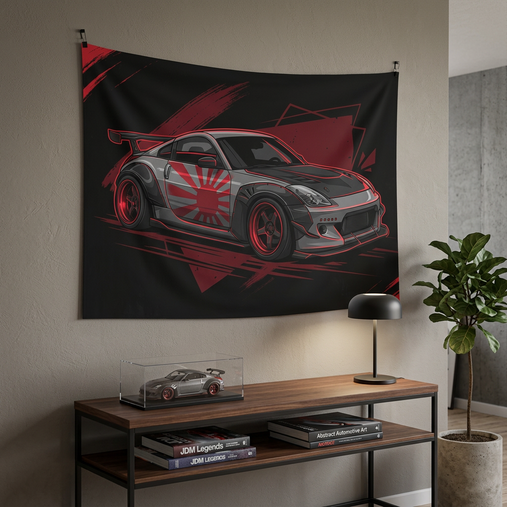Nissan 350Z Rising Sun Widebody Black and Red Graphic Car Wall Art Tapestry