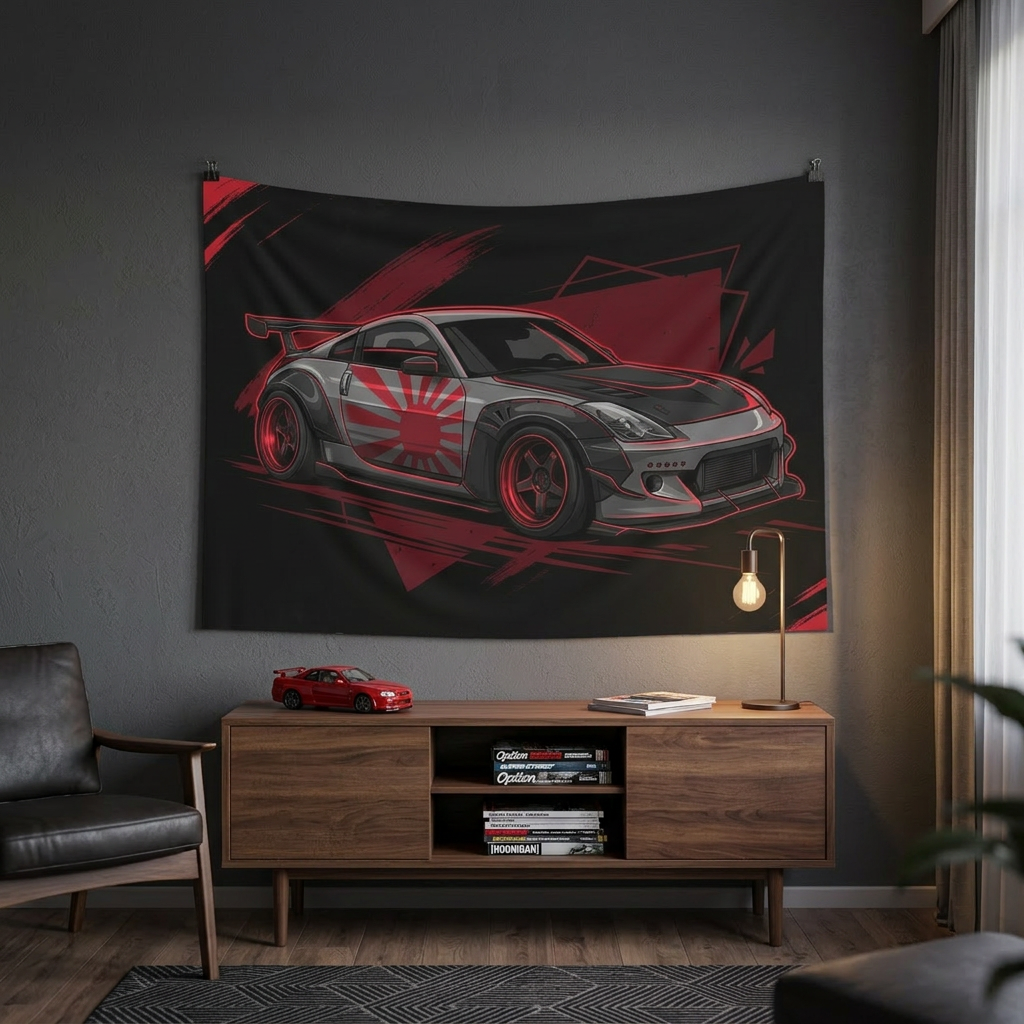Nissan 350Z Rising Sun Widebody Black and Red Graphic Car Wall Art Tapestry