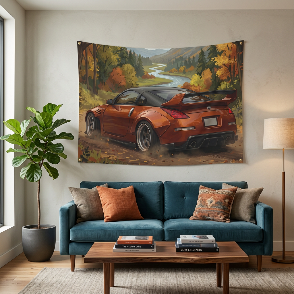 Nissan 350Z Widebody Autumn Mountain Valley Scenic Car Wall Art Tapestry