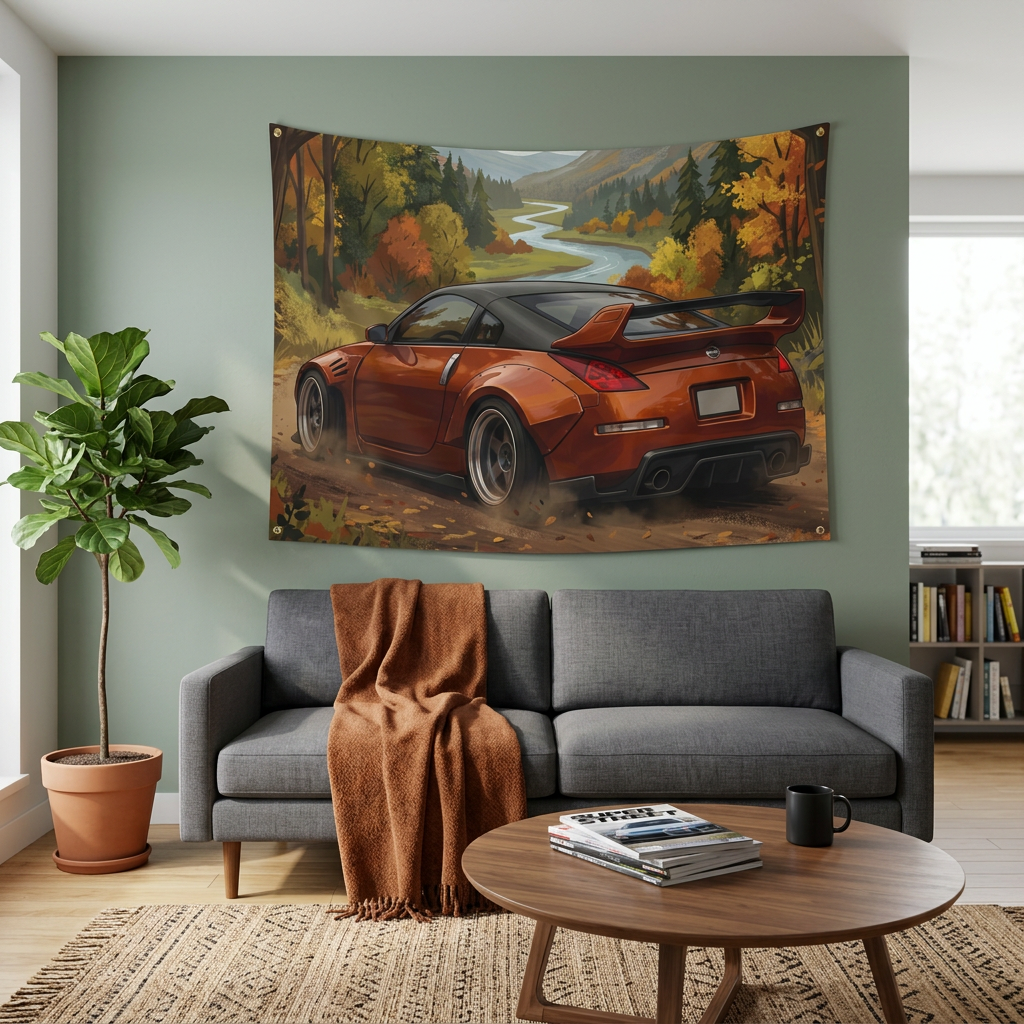 Nissan 350Z Widebody Autumn Mountain Valley Scenic Car Wall Art Tapestry