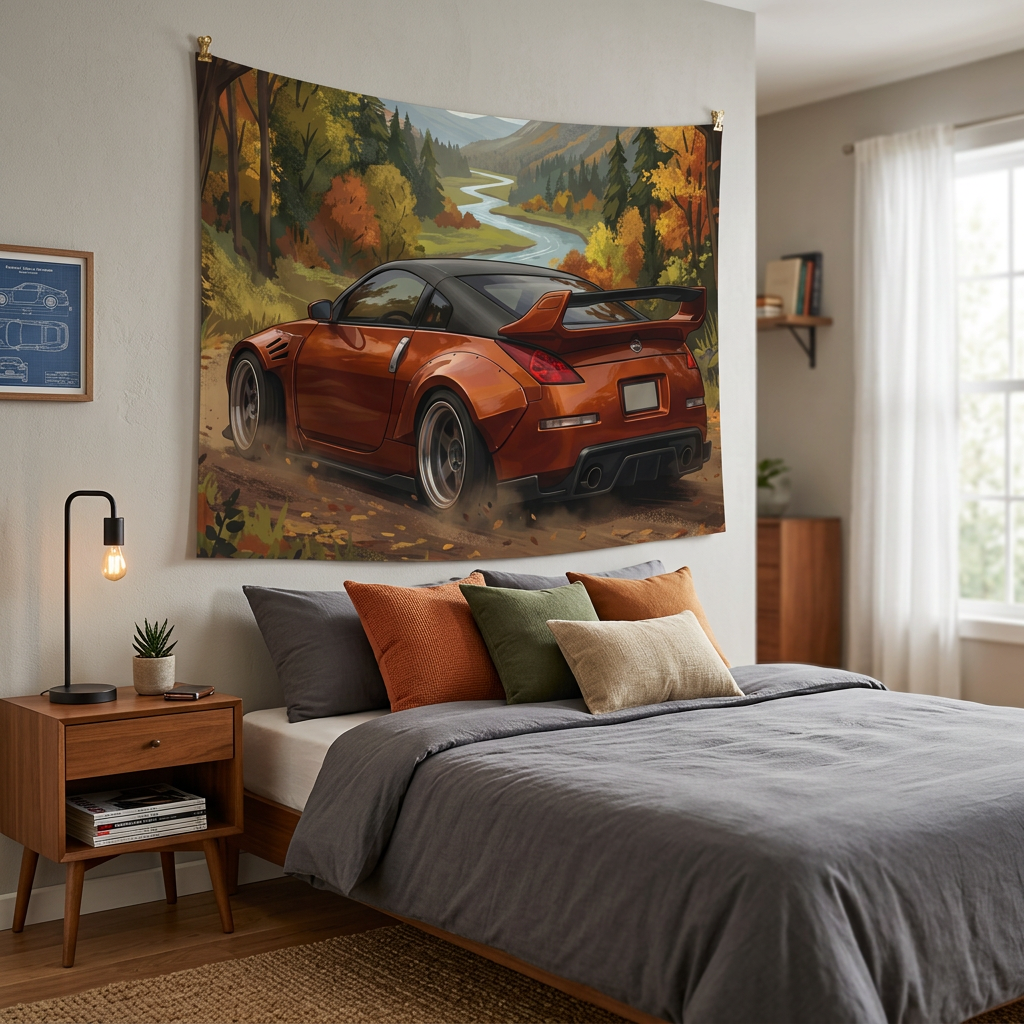 Nissan 350Z Widebody Autumn Mountain Valley Scenic Car Wall Art Tapestry