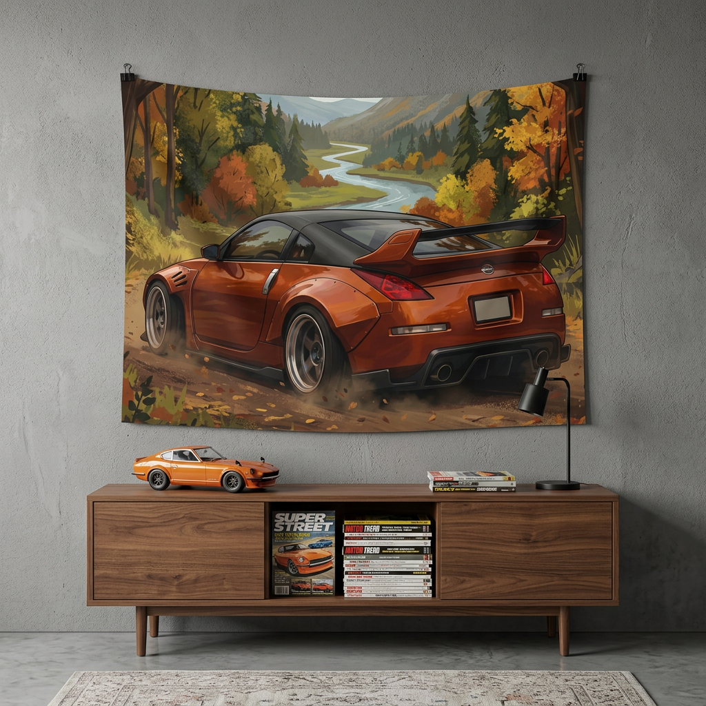 Nissan 350Z Widebody Autumn Mountain Valley Scenic Car Wall Art Tapestry