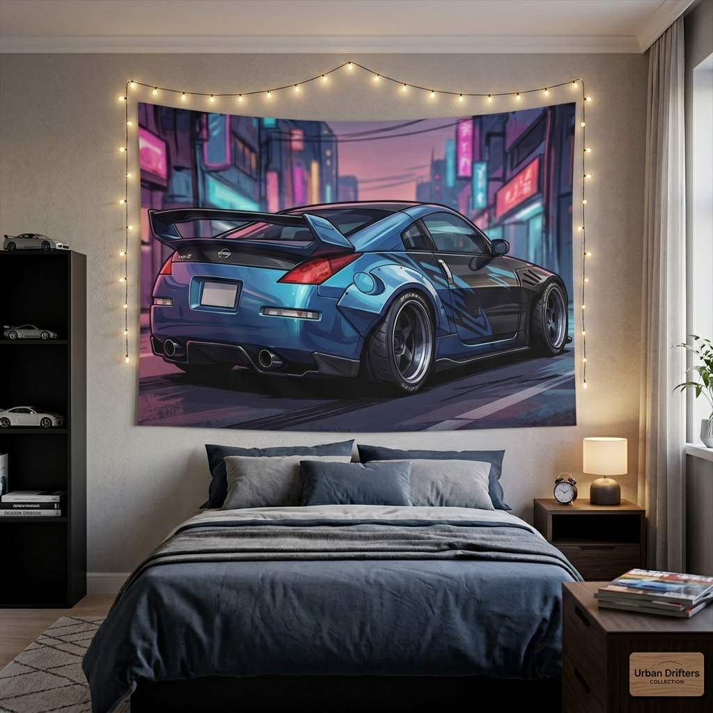 Nissan 350Z Widebody Rear View Neon Japanese Street Car Wall Art Tapestry