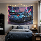 Nissan 350Z Widebody Rear View Neon Japanese Street Car Wall Art Tapestry