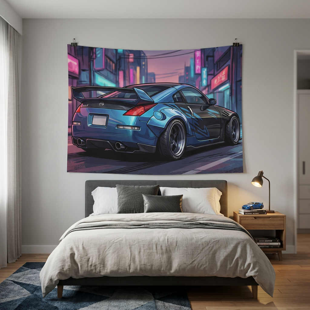 Nissan 350Z Widebody Rear View Neon Japanese Street Car Wall Art Tapestry