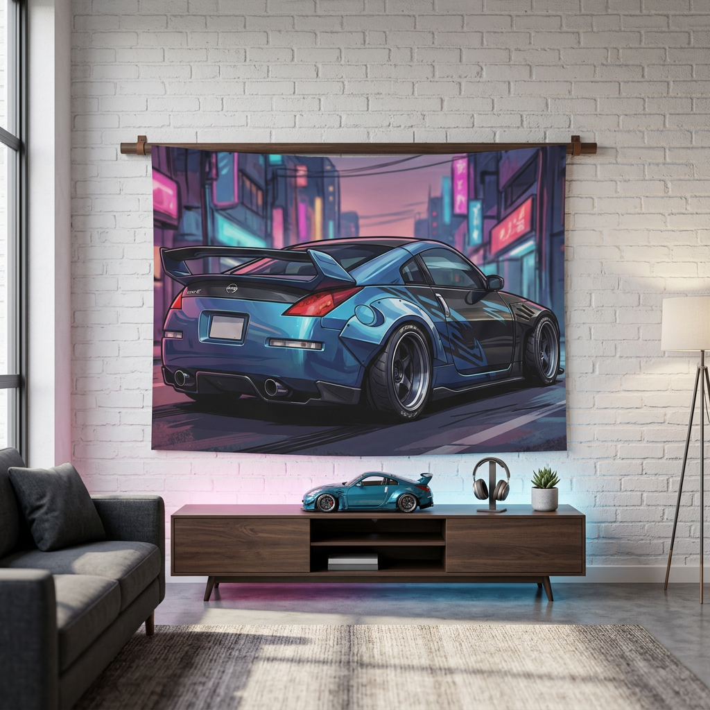 Nissan 350Z Widebody Rear View Neon Japanese Street Car Wall Art Tapestry
