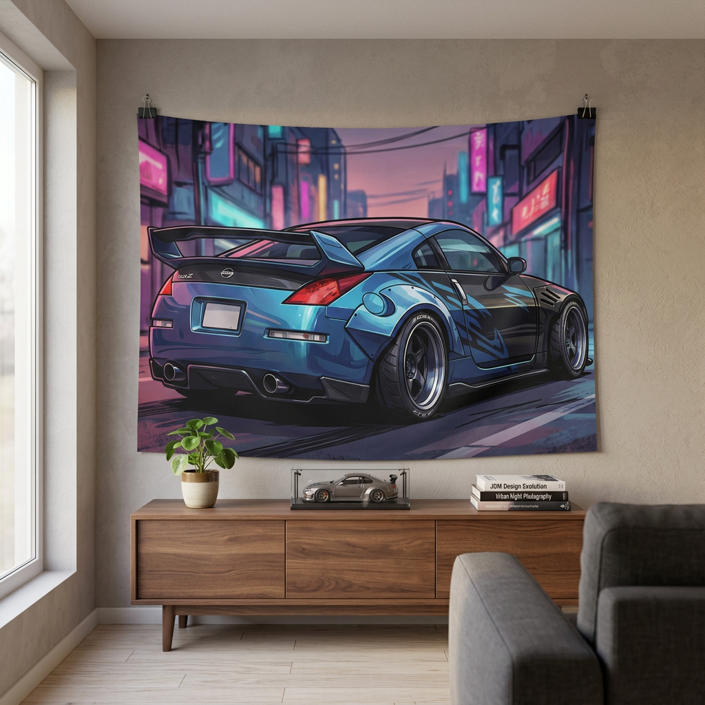 Nissan 350Z Widebody Rear View Neon Japanese Street Car Wall Art Tapestry