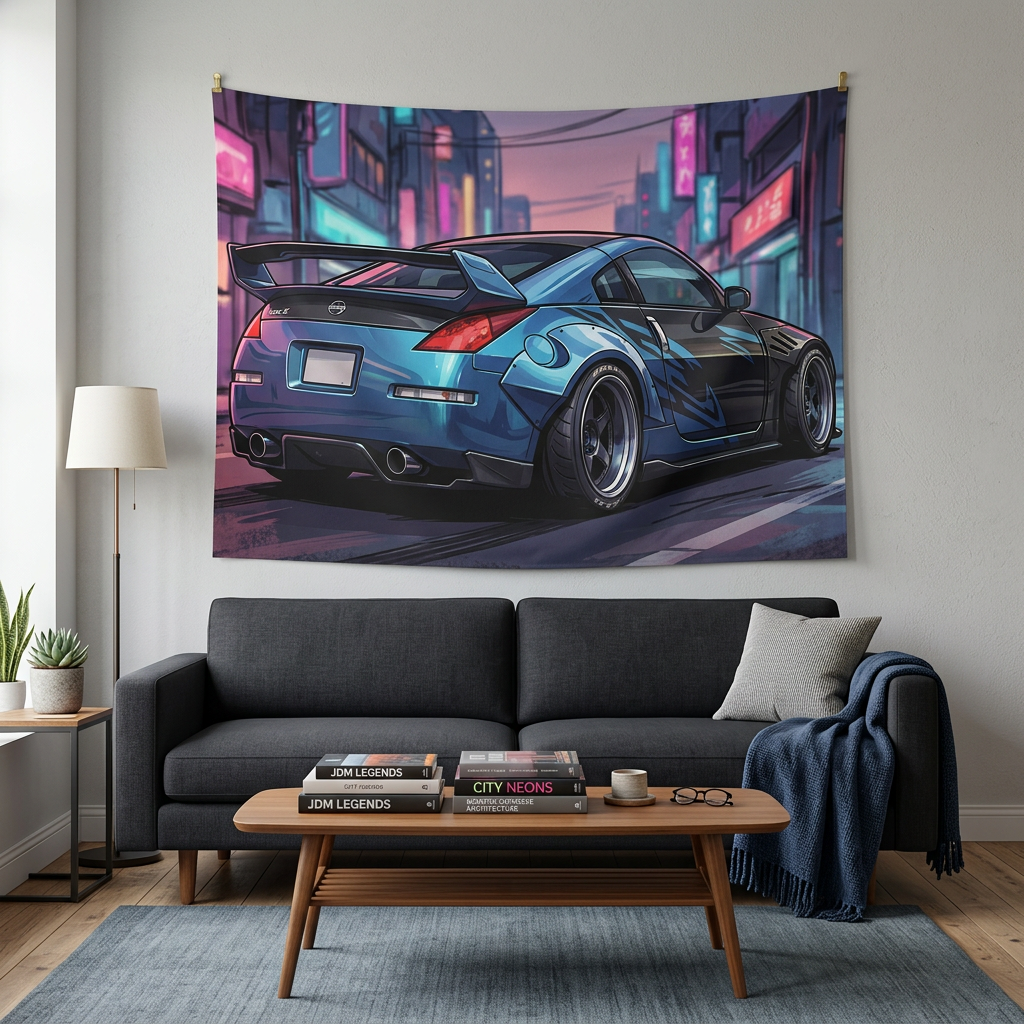 Nissan 350Z Widebody Rear View Neon Japanese Street Car Wall Art Tapestry