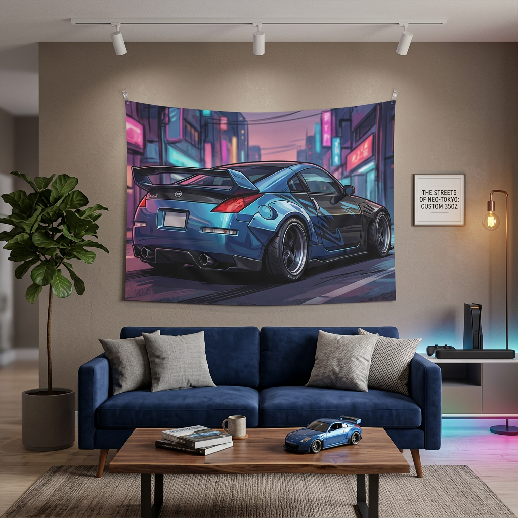 Nissan 350Z Widebody Rear View Neon Japanese Street Car Wall Art Tapestry