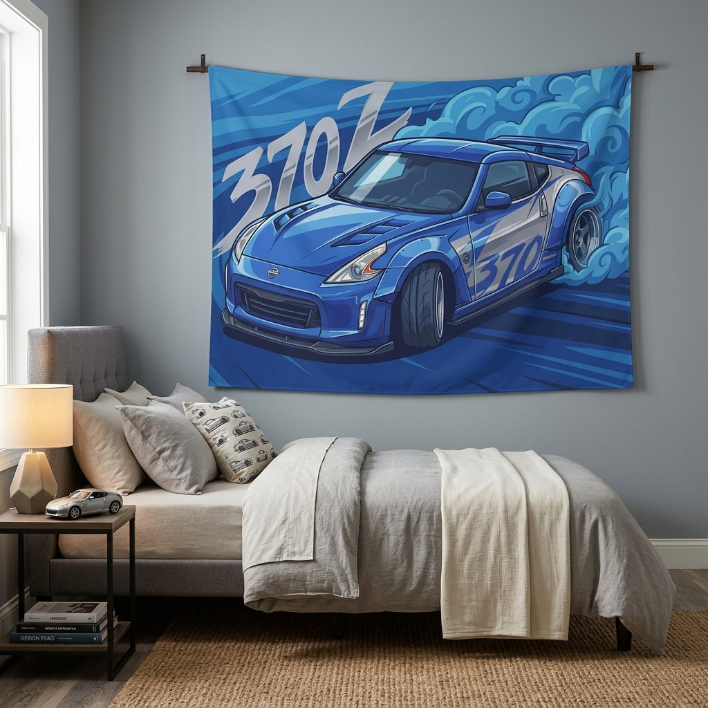 Nissan 370Z Z34 Blue Silver Stripe Widebody Aerial Bold Graphic Car Wall Art Tapestry