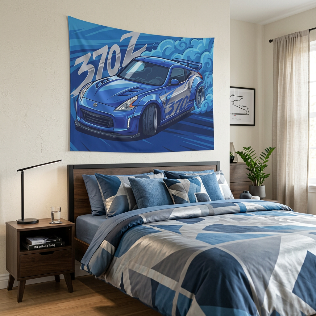 Nissan 370Z Z34 Blue Silver Stripe Widebody Aerial Bold Graphic Car Wall Art Tapestry