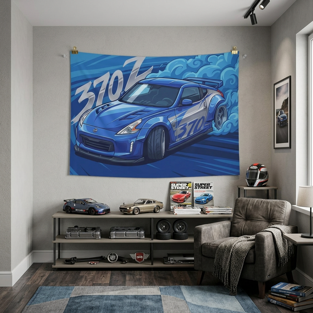 Nissan 370Z Z34 Blue Silver Stripe Widebody Aerial Bold Graphic Car Wall Art Tapestry