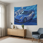Nissan 370Z Z34 Blue Silver Stripe Widebody Aerial Bold Graphic Car Wall Art Tapestry