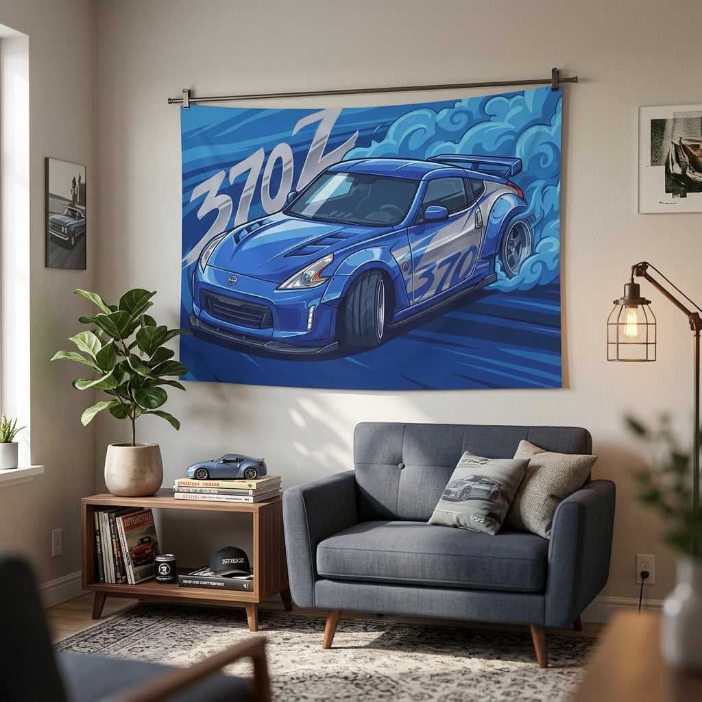 Nissan 370Z Z34 Blue Silver Stripe Widebody Aerial Bold Graphic Car Wall Art Tapestry