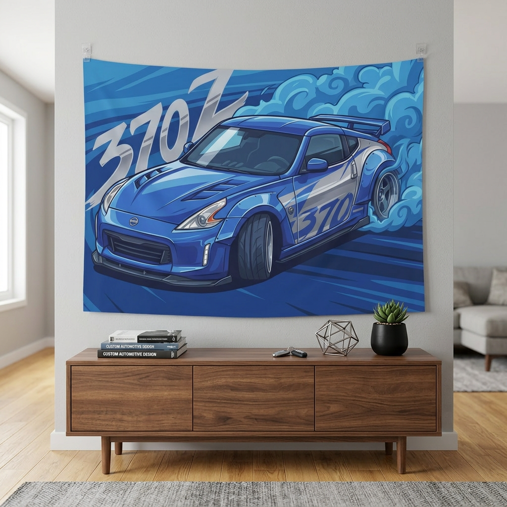 Nissan 370Z Z34 Blue Silver Stripe Widebody Aerial Bold Graphic Car Wall Art Tapestry