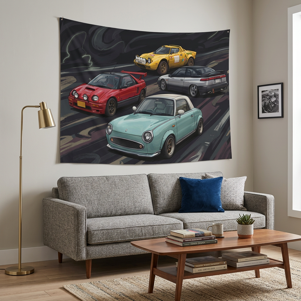 Classic Icons Nissan Figaro AZ-1 Lancia Stratos Mitsubishi GTO Car Wall Art Tapestry