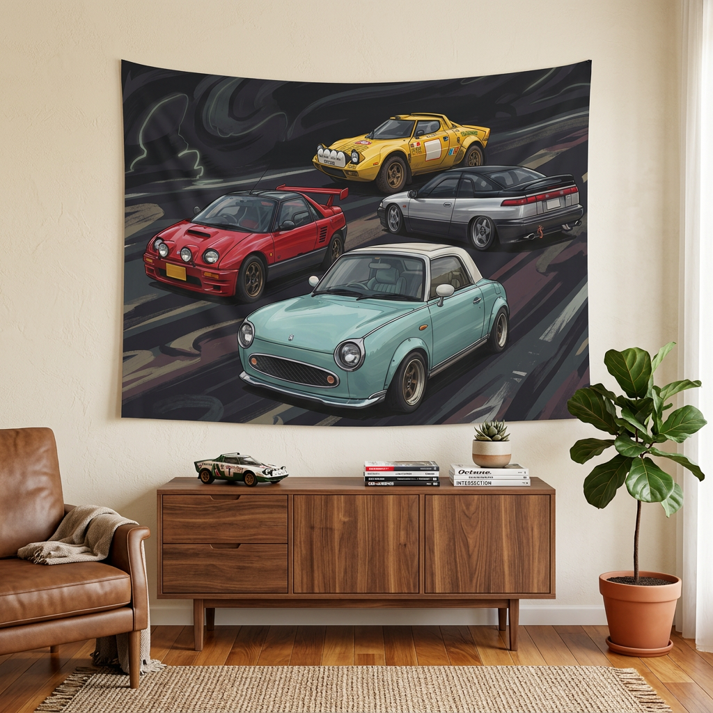 Classic Icons Nissan Figaro AZ-1 Lancia Stratos Mitsubishi GTO Car Wall Art Tapestry