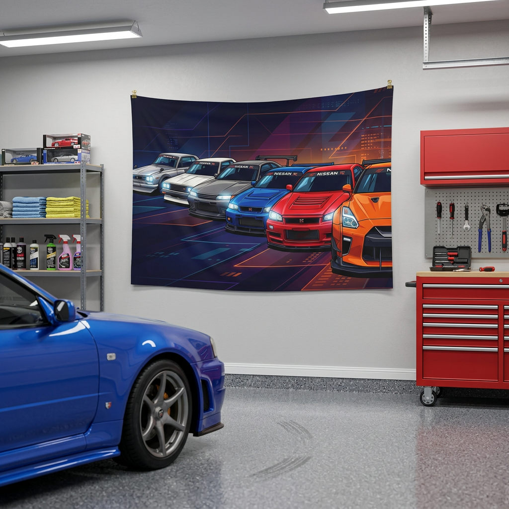 Nissan GT-R Generations Neon Car Wall Art Tapestry