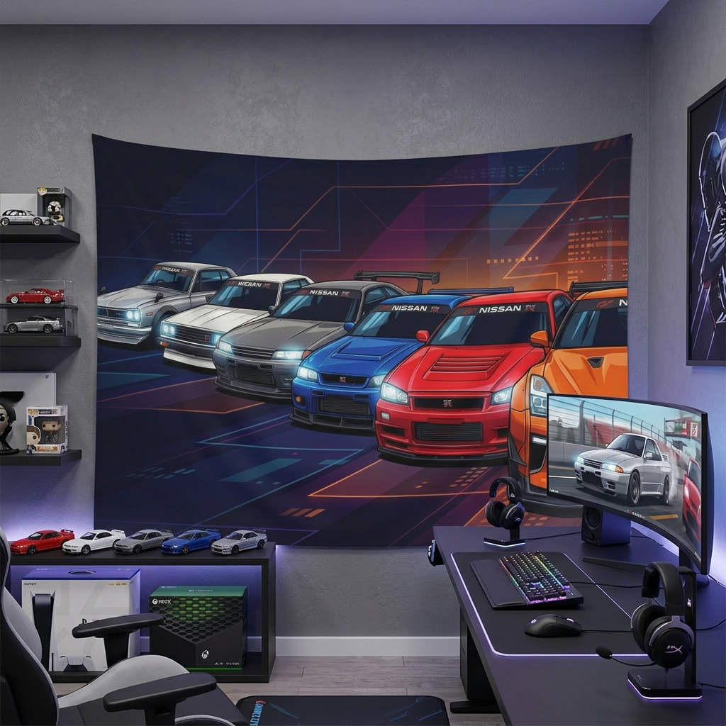 Nissan GT-R Generations Neon Car Wall Art Tapestry