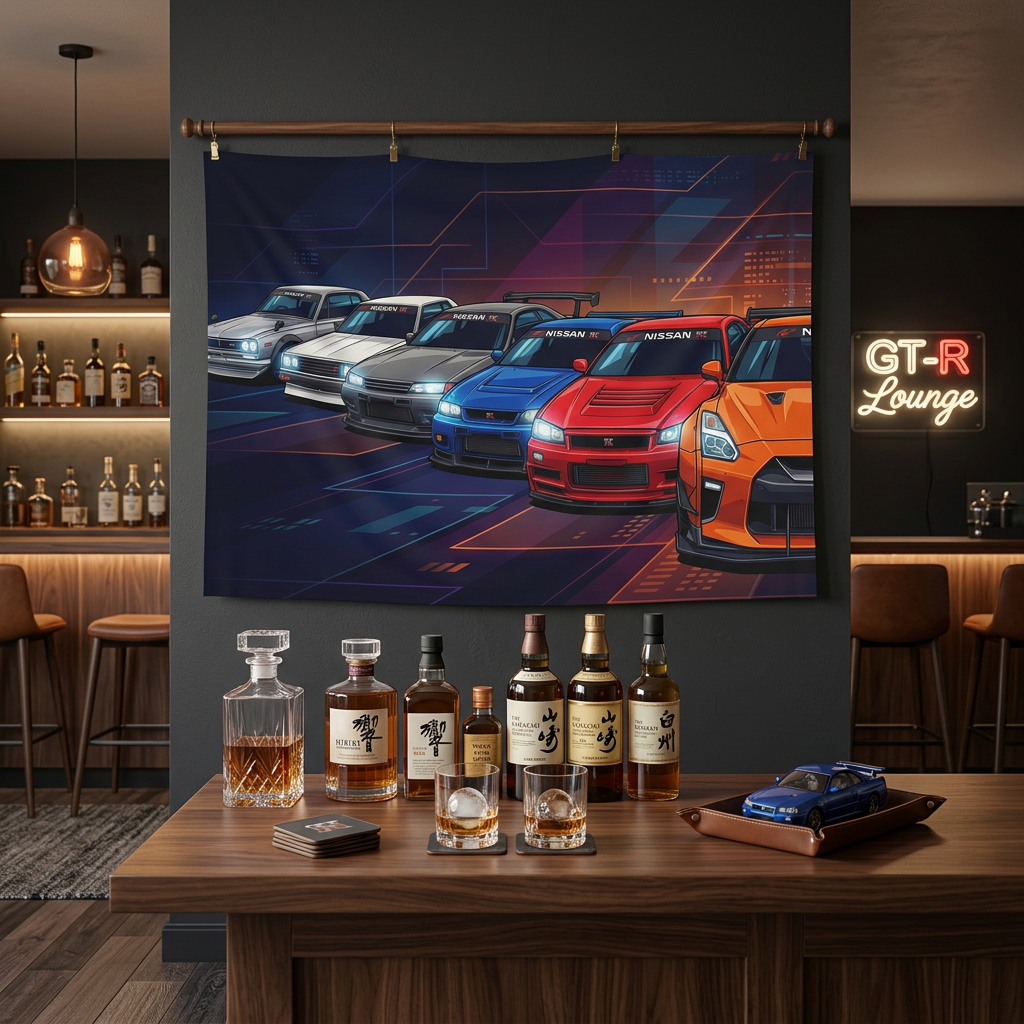 Nissan GT-R Generations Neon Car Wall Art Tapestry