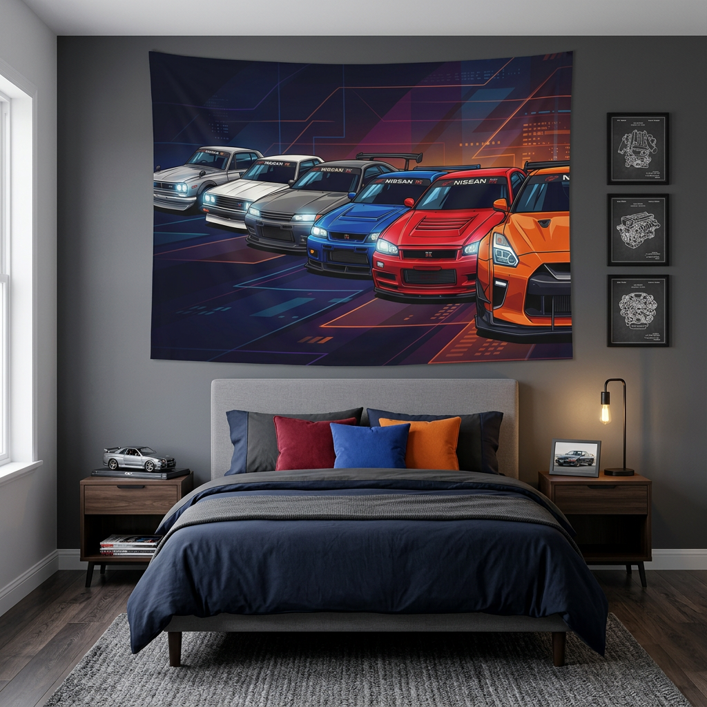 Nissan GT-R Generations Neon Car Wall Art Tapestry