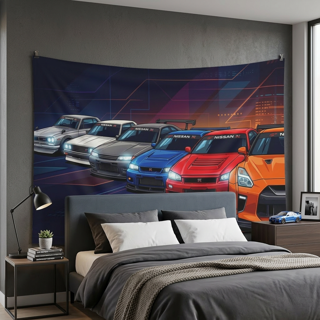 Nissan GT-R Generations Neon Car Wall Art Tapestry