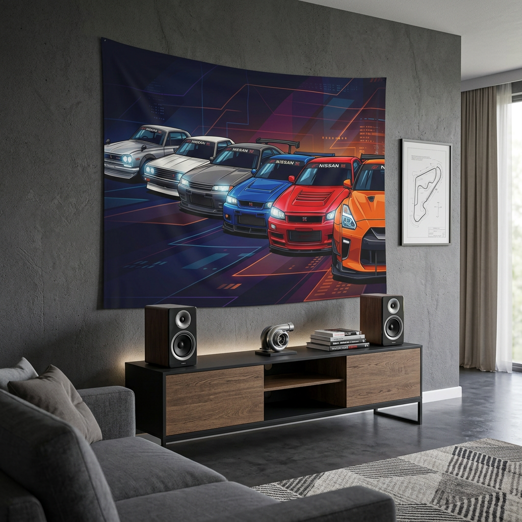 Nissan GT-R Generations Neon Car Wall Art Tapestry