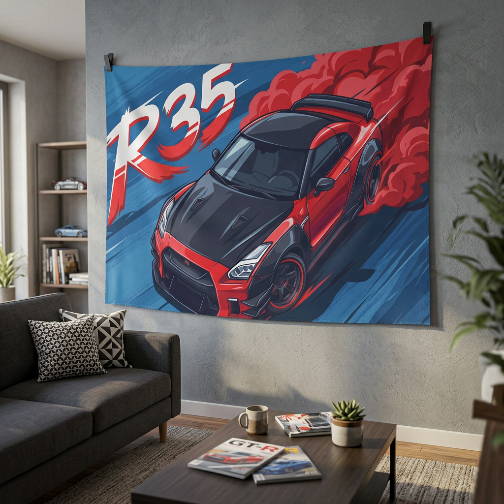 Nissan GT-R R35 Red Widebody Aerial Bold Graphic Car Wall Art Tapestry