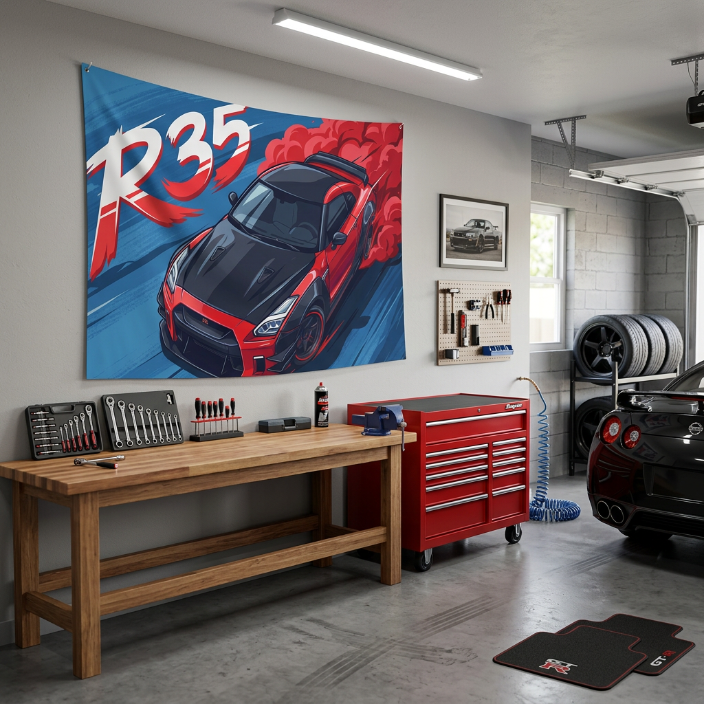 Nissan GT-R R35 Red Widebody Aerial Bold Graphic Car Wall Art Tapestry