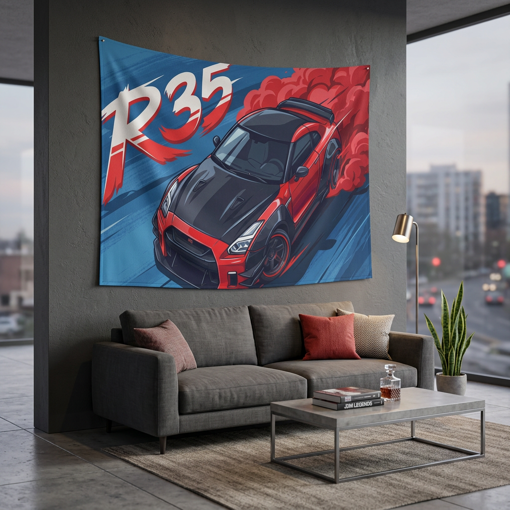 Nissan GT-R R35 Red Widebody Aerial Bold Graphic Car Wall Art Tapestry