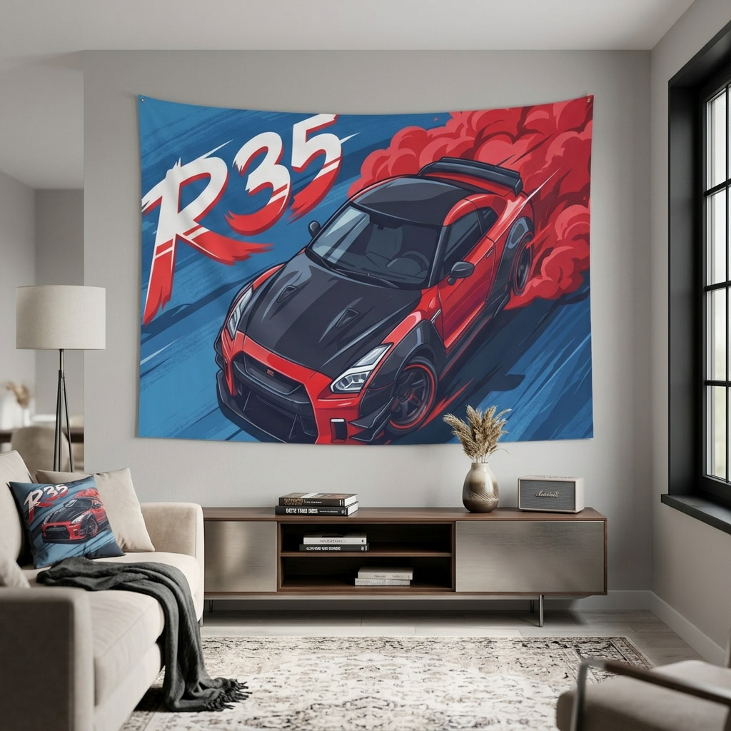 Nissan GT-R R35 Red Widebody Aerial Bold Graphic Car Wall Art Tapestry