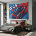Nissan GT-R R35 Red Widebody Aerial Bold Graphic Car Wall Art Tapestry