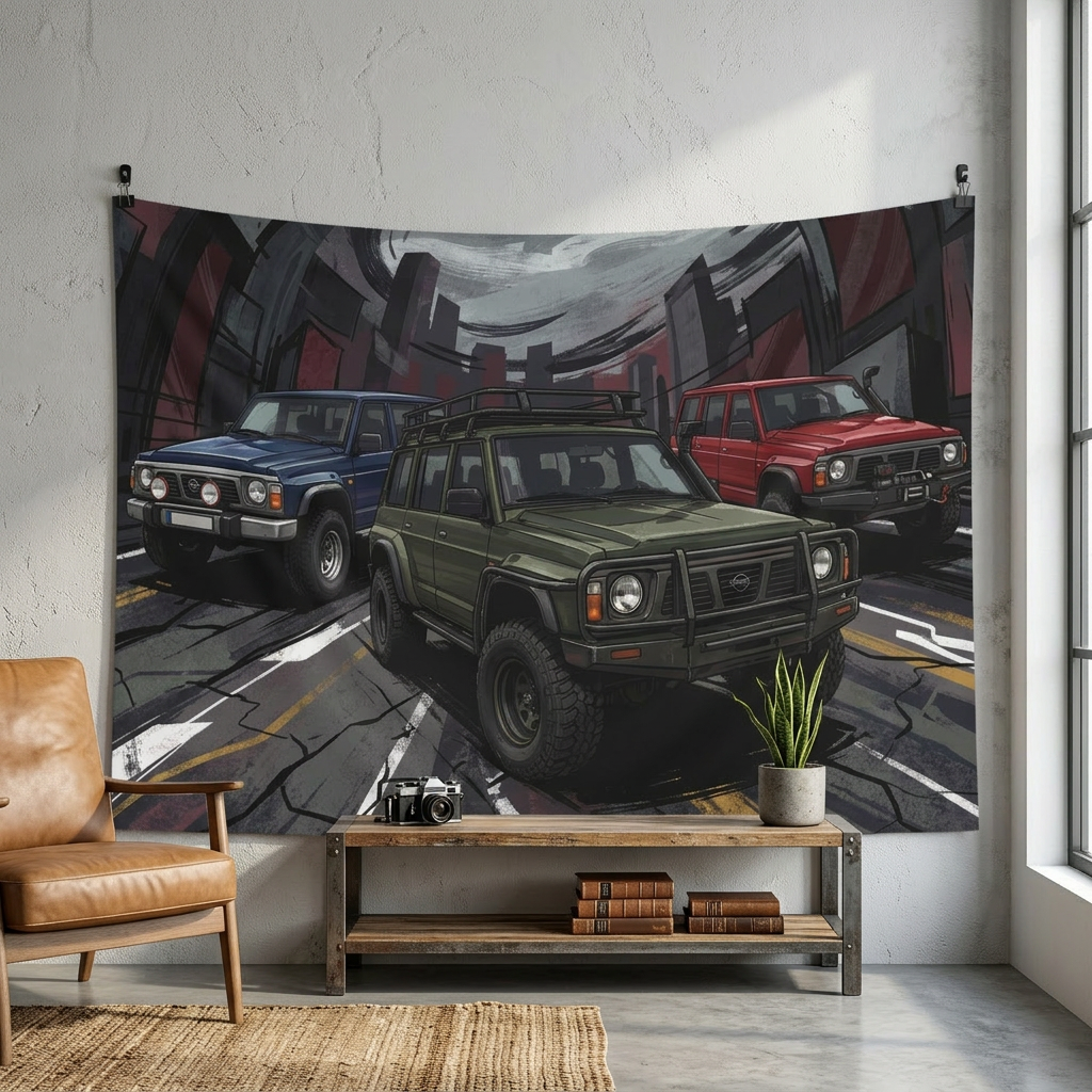 Nissan Patrol Y60 GQ Trio Off-Road Rugged Lineup Car Wall Art Tapestry