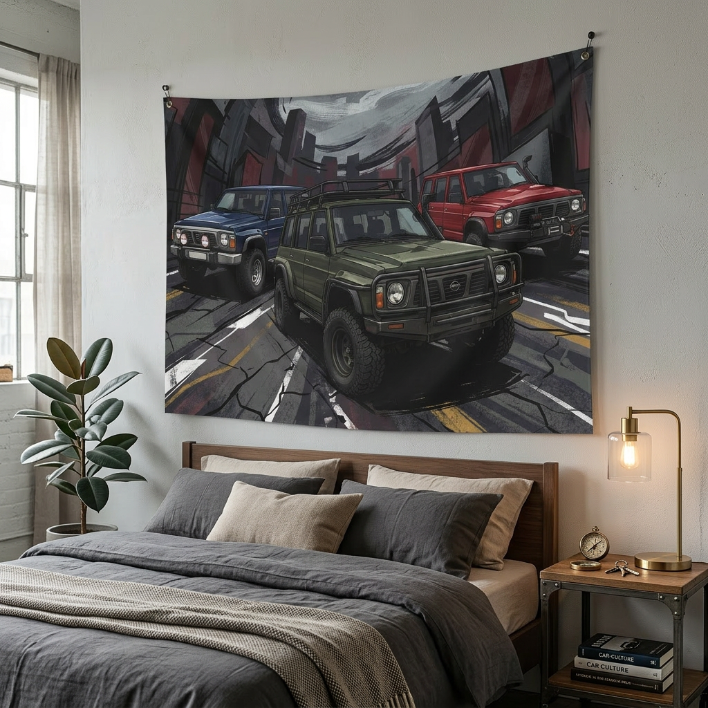 Nissan Patrol Y60 GQ Trio Off-Road Rugged Lineup Car Wall Art Tapestry