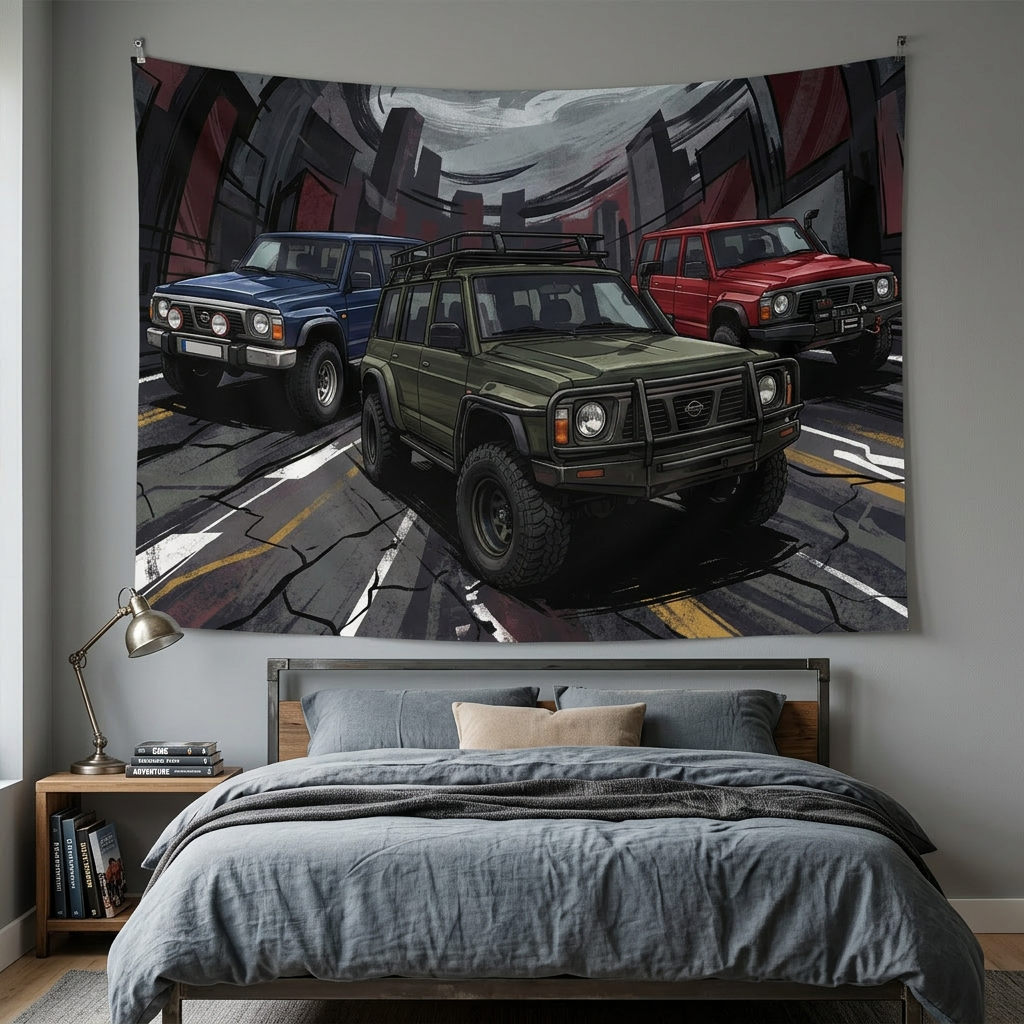 Nissan Patrol Y60 GQ Trio Off-Road Rugged Lineup Car Wall Art Tapestry