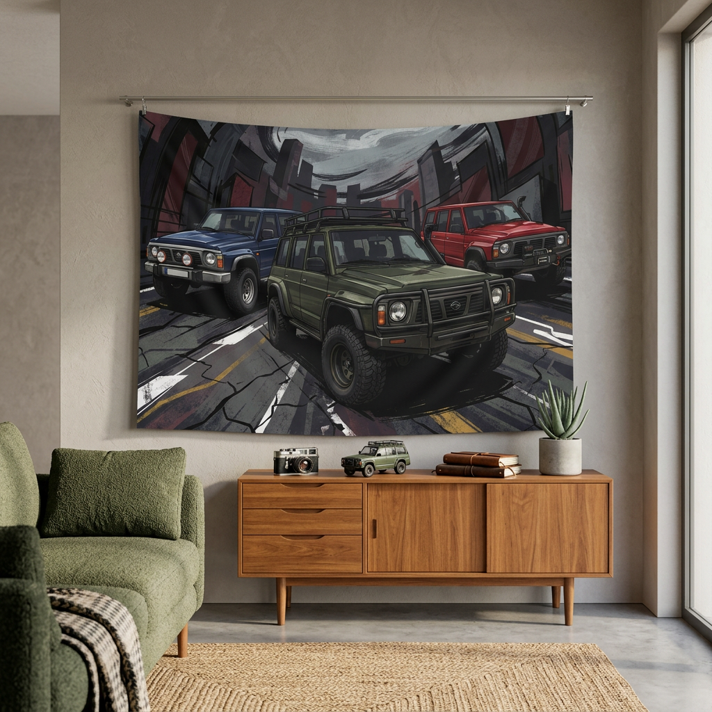 Nissan Patrol Y60 GQ Trio Off-Road Rugged Lineup Car Wall Art Tapestry