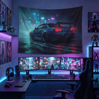 Nissan GTR R34 Skyline Car Tapestry Neon Cyberpunk Wall Art