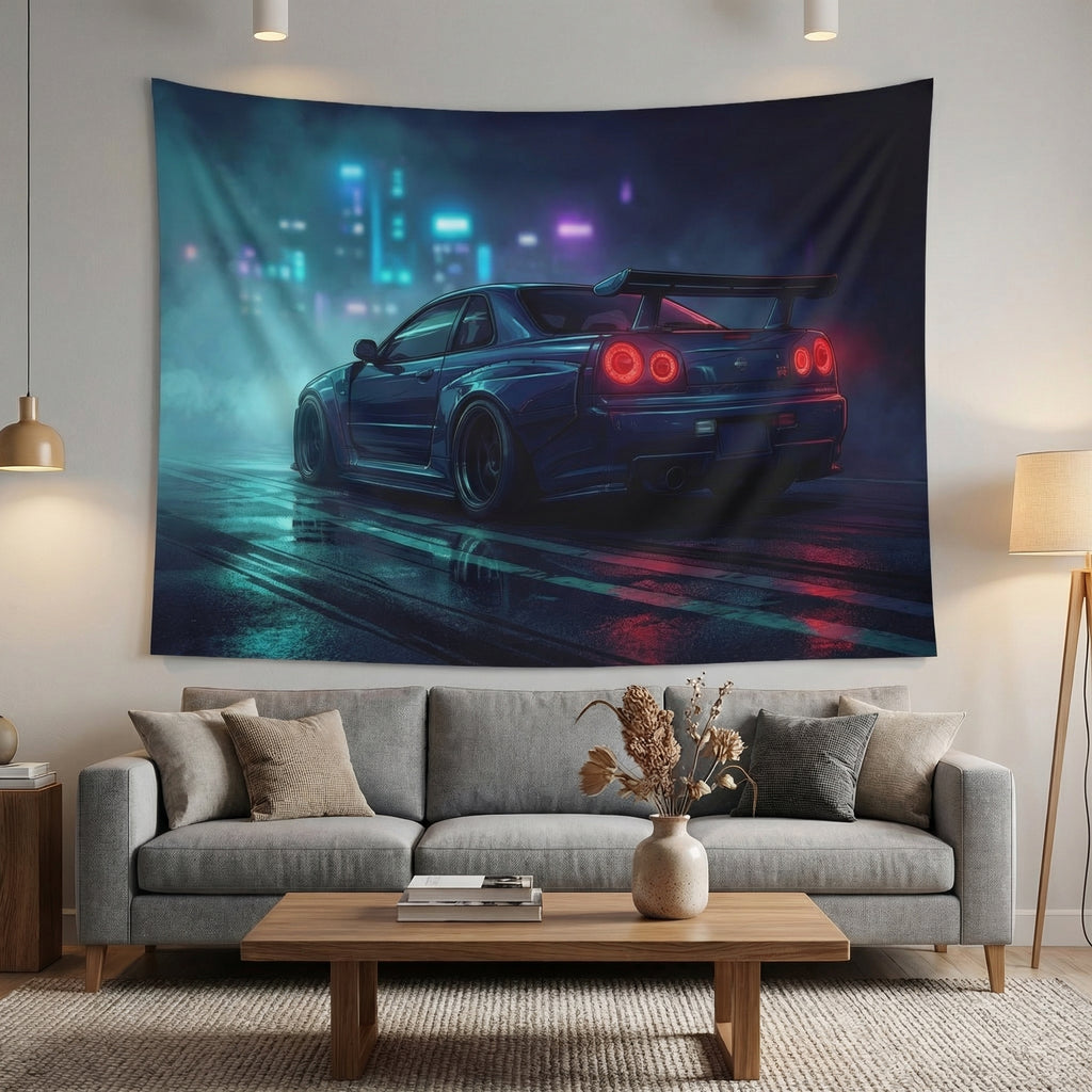 Nissan GTR R34 Skyline Car Tapestry Neon Cyberpunk Wall Art