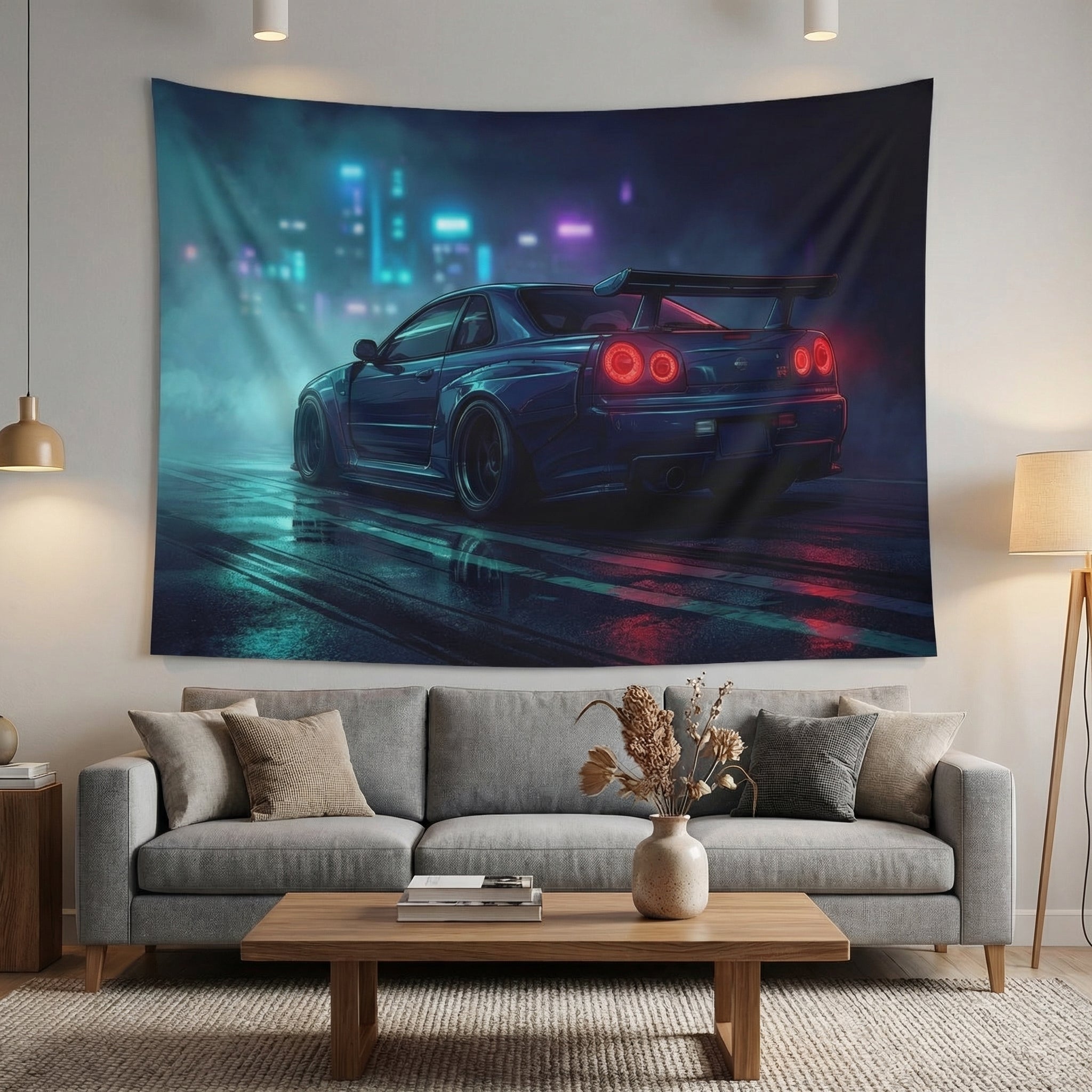 Nissan GTR R34 Skyline Car Tapestry Neon Cyberpunk Wall Art