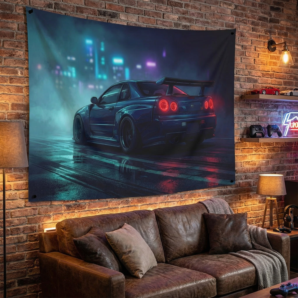 Nissan GTR R34 Skyline Car Tapestry Neon Cyberpunk Wall Art